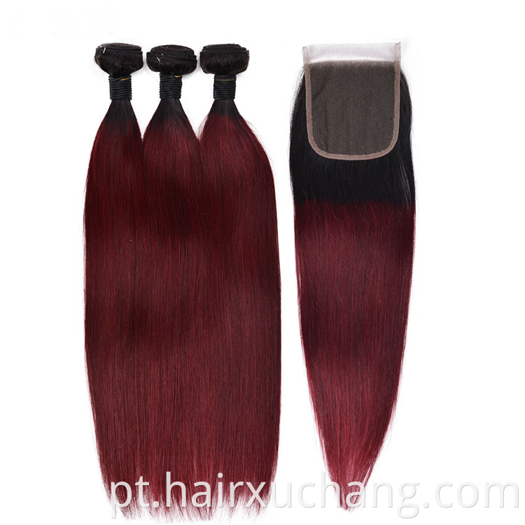 Preço barato Raw Hair Teave Color 1b/99j Extensões de cabelo cruas Virgens humanas virgens humanas com fechamento